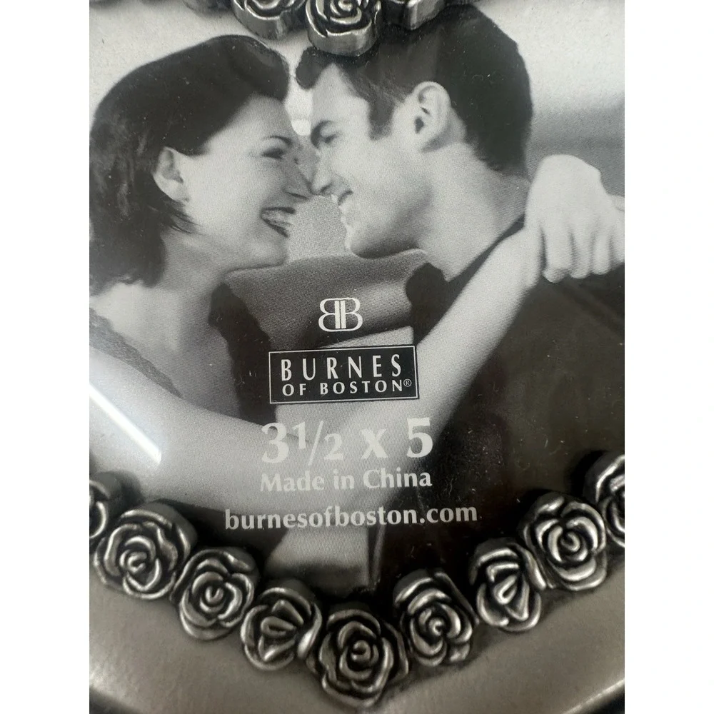 Vintage Burnes of Boston Picture Frame Metal Heart Shaped Rose Trim Silver Tone
